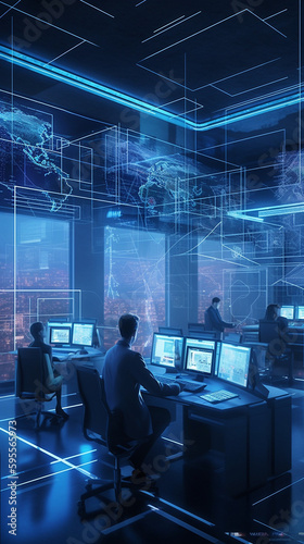 An office building with a team monitoring the screens of multiple computers