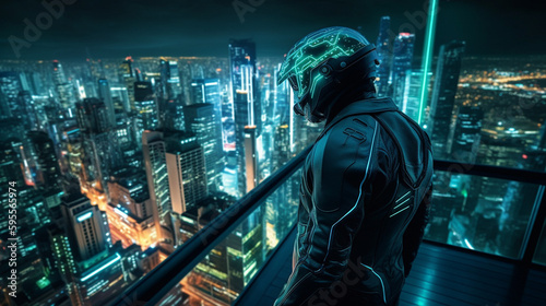 A futuristic cityscape with data streams flowing around tall skyscrapers, a person suit standing on a balcony, overseeing the city