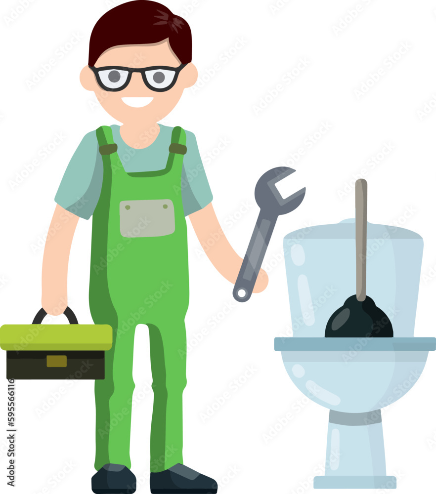 Plumber repairs toilet bowl. Elimination of blockage. Cartoon flat illustration. Worker with wrench, Toolbox, plunger. Renovation in bathroom