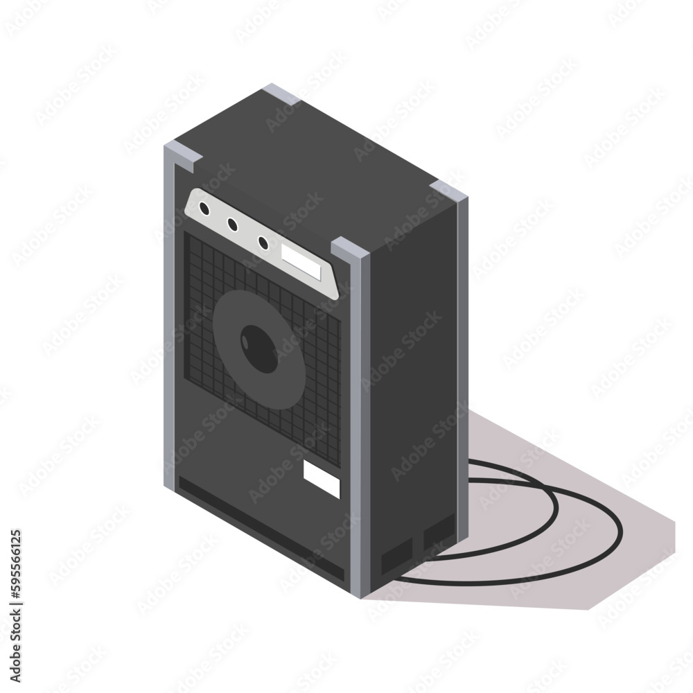Musical loud speaker isolated on white background. Isometric 3d element in vector design style for concert show, musical performance. Acoustic sound bass woofer device web button. Vector illustration Musical loud speaker isolated on white background. Isometric 3d element in vector design style for concert show, musical performance. Acoustic sound bass woofer device web button. Vector illustration