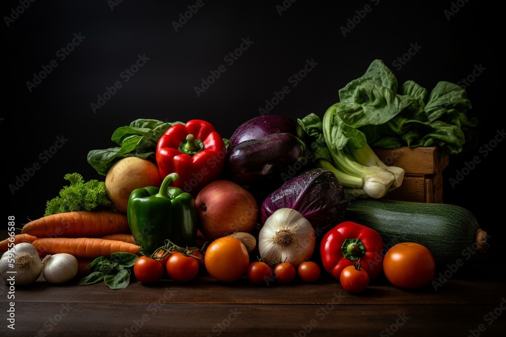 Assorted veggies on a plain backdrop. Generative AI