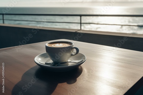 A cup of coffee sits on a tabletop gazing towards the ocean. Generative AI