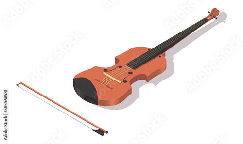 Music instrument violin isolated on white background. Isometric 3d element in vector design style for concert show, musical performance. Jazz classical sound device web button. Vector illustration