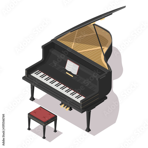 Music instrument black grand piano isolated on white background. Isometric 3d element in vector design style for concert show musical performance. Acoustic sound device web button. Vector illustration