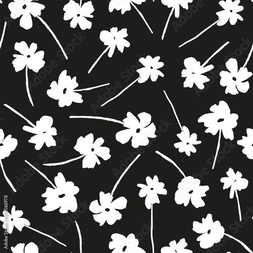 Monochrome flowers seamless repeat pattern. Random placed, vector botanical all over surface print on black background.