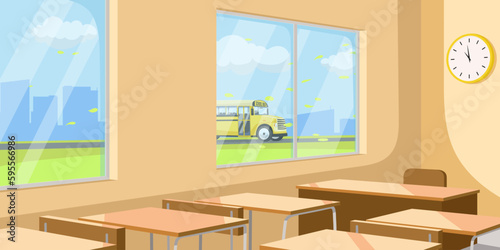 Back to school concept poster. Empty classroom in elementary or high school. Nobody on the lesson. Yellow bus outside in the big window. Clock hanging on the wall shows the time. Vector illustration