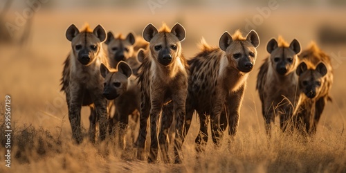 A pack of hyenas hunting together in the savanna, concept of Predator-prey dynamics, created with Generative AI technology photo