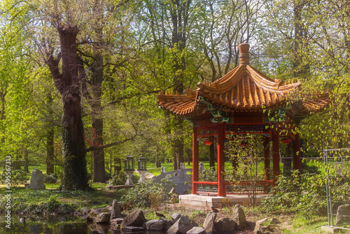 Japanese style gazebo in a dense green park