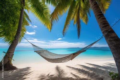 Tropical sandy beach, summer holidays, turquoise ocean water and hammock on palm trees, Generative AI