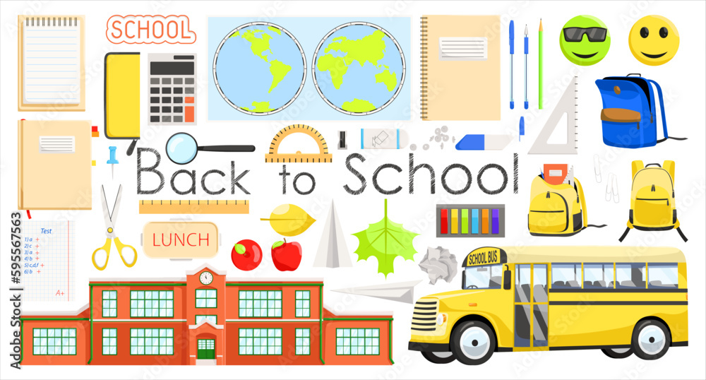 Set of school item icons. Cartoon objects and supplies include: notebook, backpack, globe map, lunch box, school bus, ruler, building, apple. Education and study at school concept. Vector illustration Set of school item icons. Cartoon objects and supplies include: notebook, backpack, globe map, lunch box, school bus, ruler, building, apple. Education and study at school concept. Vector illustration