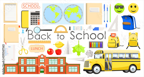 Set of school item icons. Cartoon objects and supplies include  notebook  backpack  globe map  lunch box  school bus  ruler  building  apple. Education and study at school concept. Vector illustration