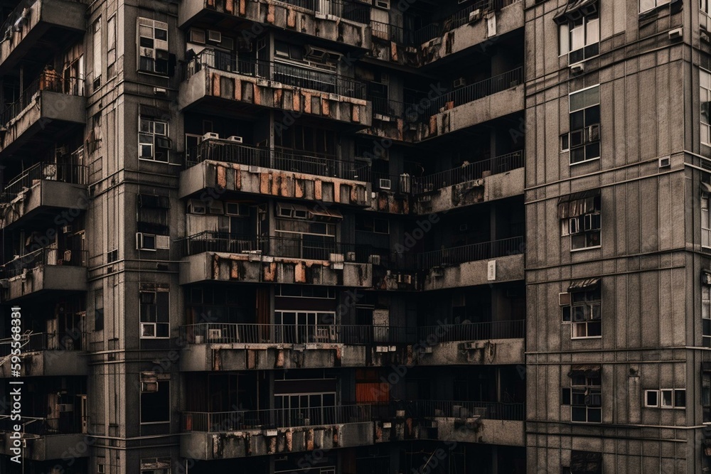 An urban high-rise with an abstract, gritty illustration. Generative AI