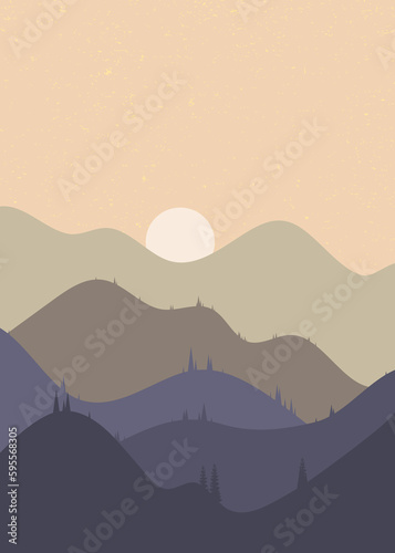 Fototapeta Naklejka Na Ścianę i Meble -  Beautiful landscape. Flat style. Colorful hills and mountains scenery background design. Vector illustration. Suitable for landing pages, web, wall painting and posters.