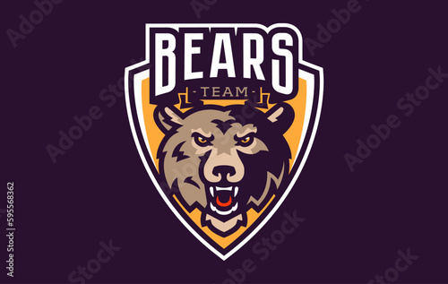 Sports logo with bear mascot. Colorful sport emblem with bear, grizzly mascot and bold font on shield background. Logo for esport team, athletic club, college team. Isolated vector illustration