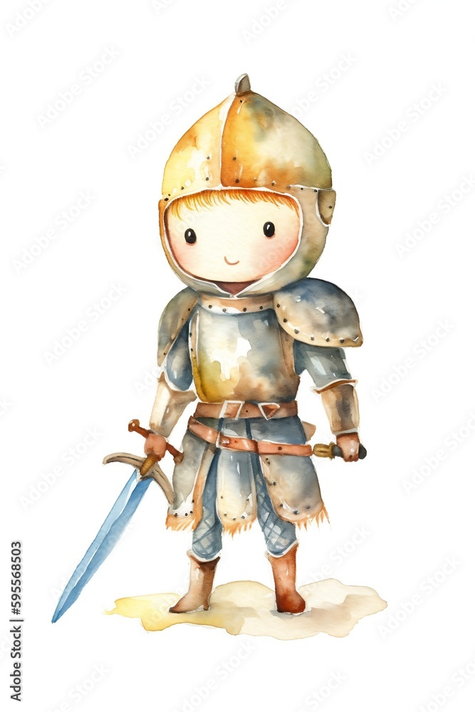 cute watercolor knight illustration, isolated on white background