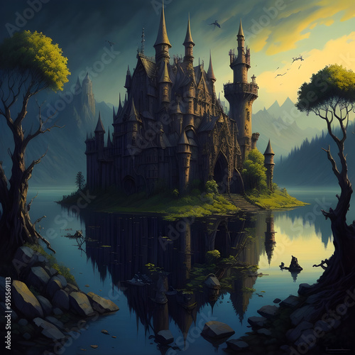 Painting of a castle in the middle of a lake, generative art