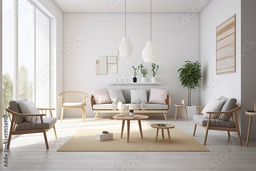 Minimal white style living room interior Scandinavian influence modern living room interior background  Ai Generative