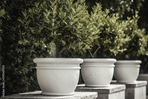 A tree planted in white flowerpots, ornamental with olive and elaeagnus foliage. Generative AI