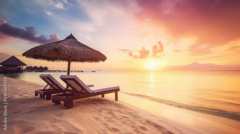 Beautiful sunrise over the tropical beach; paradise summer vacation; tropical bungalow sun loungers