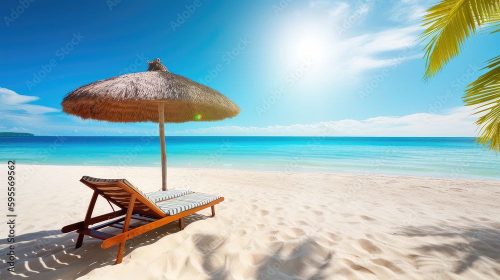 Tropical paradise beach with a sun-lounger facing the blue sea