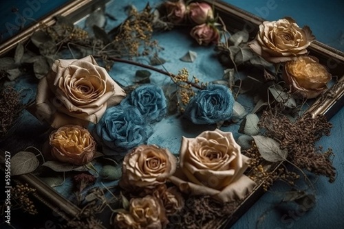 Decorative frame with blue roses and dried flowers on a natural background. Generative AI