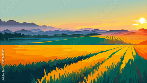 Sunset in the field. Landscape with mountains and fields. Vector illustration.