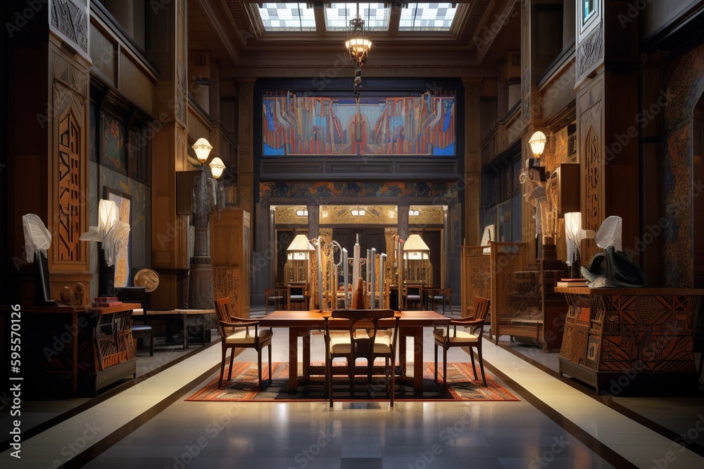 Large lobby interior with chairs and tables, showcasing arts and crafts ...