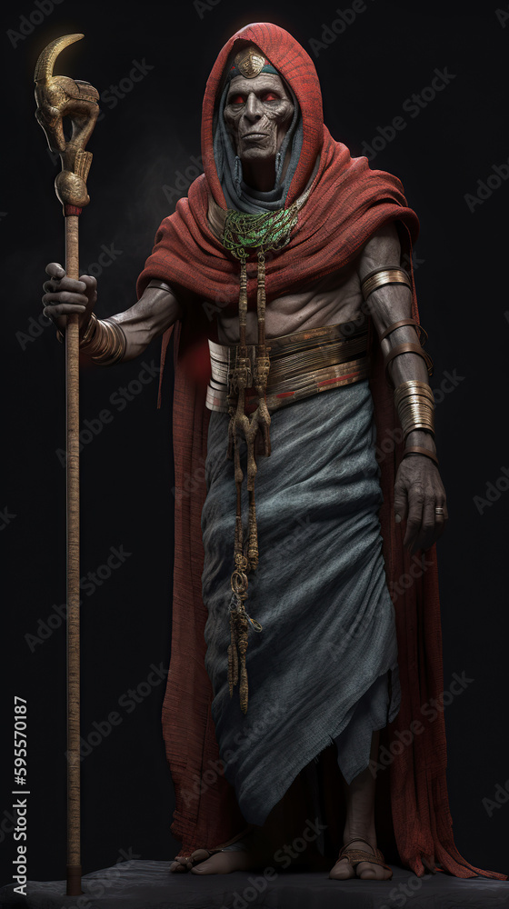 Fototapeta premium a zombie Egyptian sorcerer wearing a cape and holding a staff. magic, terror, mystery, creature.