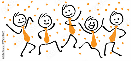 Business stickman waving withe the netherlands flag, traditional festival on april. Holland, King's Day or Queen's Day. Stick figures with orange necktie and clothing. Vector dutch party sign. Orange