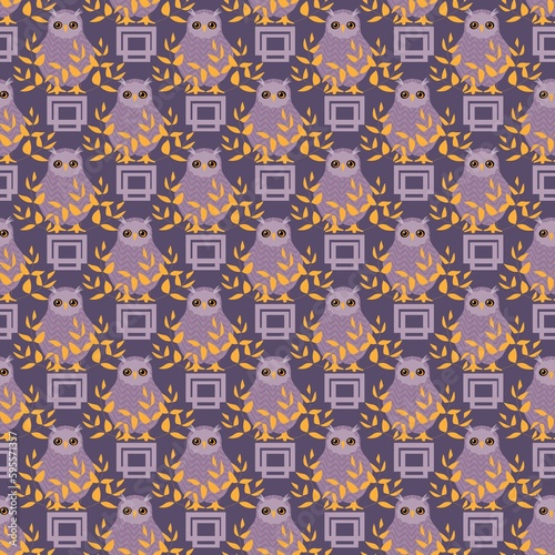 lilac owl. an owl in golden foliage. seamless abstract geometric pattern. children's cover, poster.