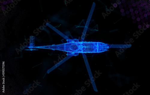 Helicopter. Military helicopter flying with action video camera on dark blue. Polygonal low poly background with connecting dots and lines