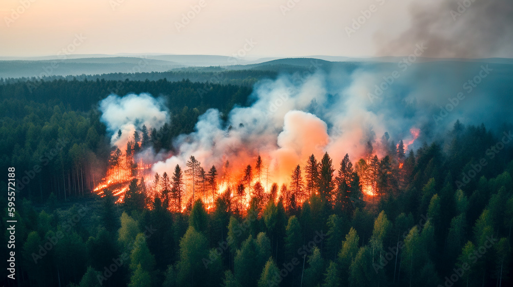 Fototapeta premium A Catastrophic Natural Disaster: Aerial View of a Wildfire Ravaging a Forest, Generative AI
