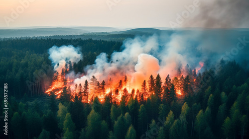 Fotografia A Catastrophic Natural Disaster: Aerial View of a Wildfire Ravaging a Forest, Ge