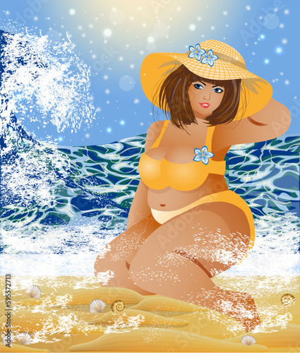 Plus size woman in bikini on the summer beach, vector illustration