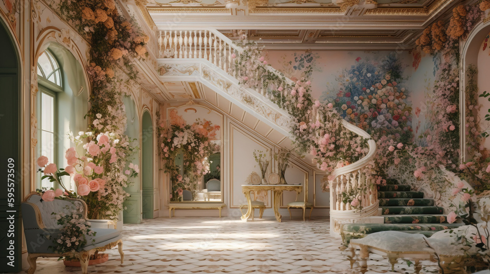 Fototapeta premium abstract interior decorated with flowers. generative AI
