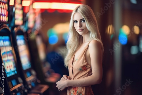 Woman playing casino slots. generative AI 