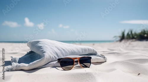 sunglasses on the beach with towel, generative AI	 photo