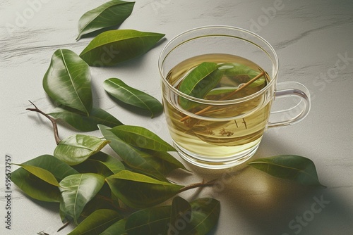 Illustration of Karigane tea made from stems and leaves depicted in a realistic style. Generative AI photo