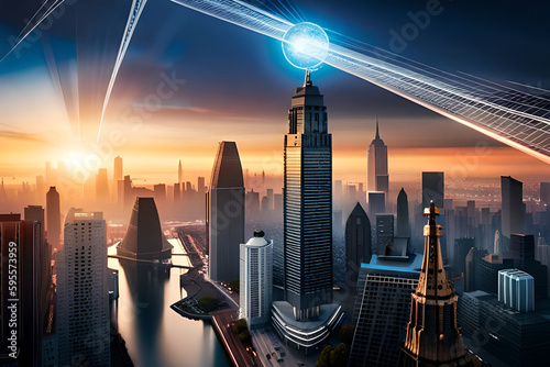 A scene depicting the connections between the city center and towering skyscrapers at dusk portrays a modern age.