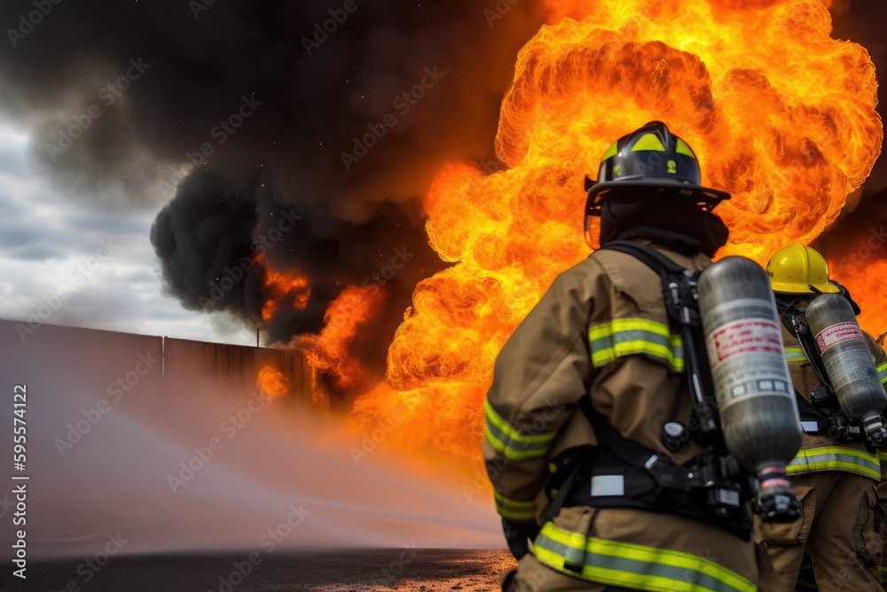 Naklejka premium Firefighter training in fire, big fire