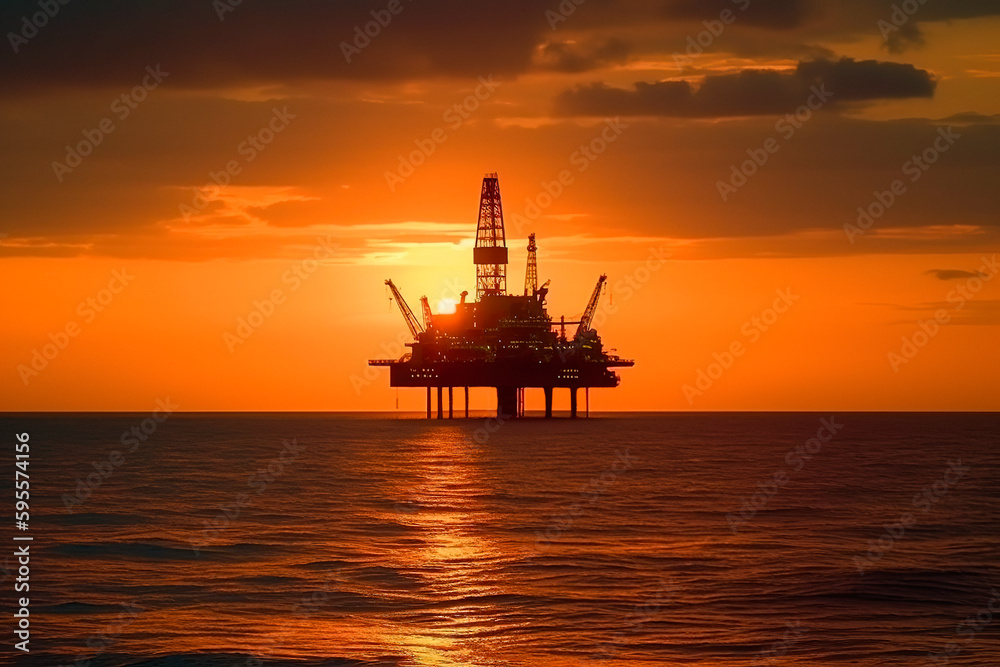 Sunset view with silhouette of an oil rig in the sea. Offshore oil drilling. Generative AI Edited