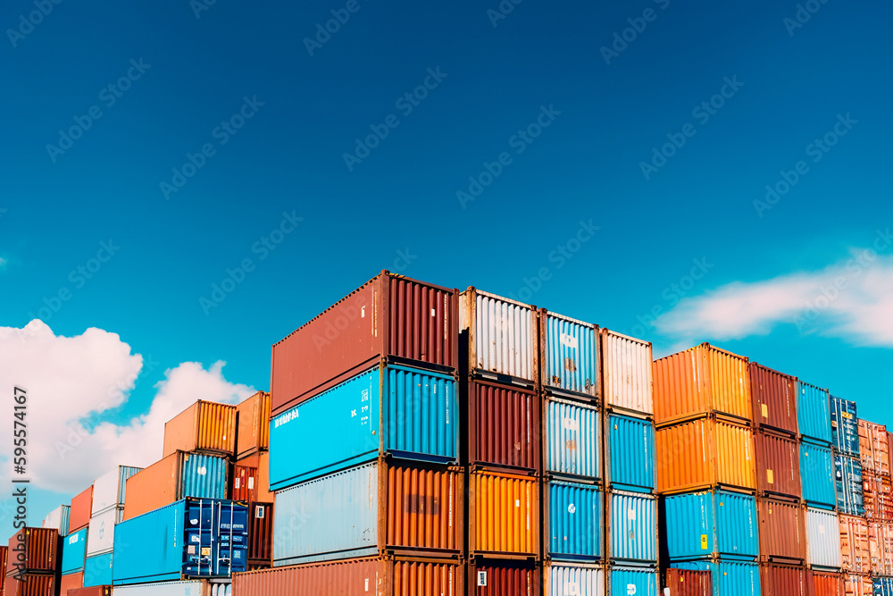 Shipping containers stacked against blue sky. Generative ai Shipping containers stacked against blue sky. Generative ai