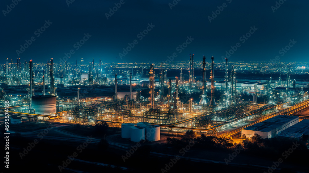 oil storage tank and oil refinery factory zone at night, aerial view. Generative ai