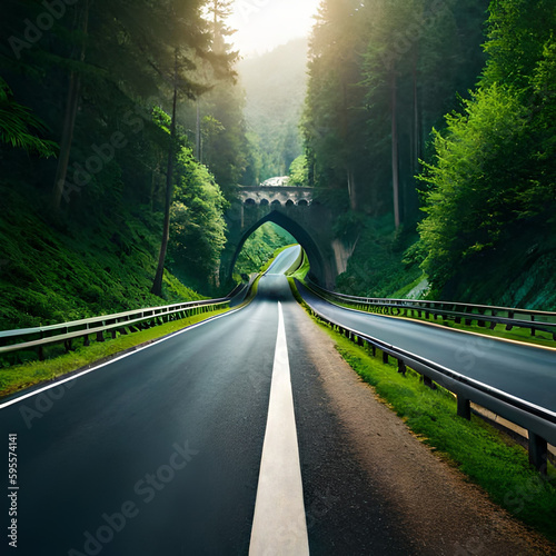A forest road with a historical passageway, surrounded by tall trees. It's sunset and the weather is clear.