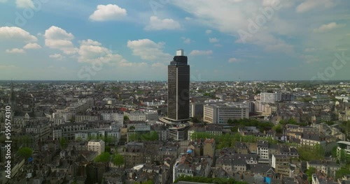 Aerial landscape of the city of Nantes, France. Birds eye of the city center and rooftops. Aerial view of Nantes town, one of main north-western French metropolitan agglomerations