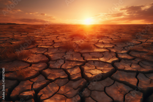 Cracked land in a dry lake caused by climate change at sunset. Generative AI.
