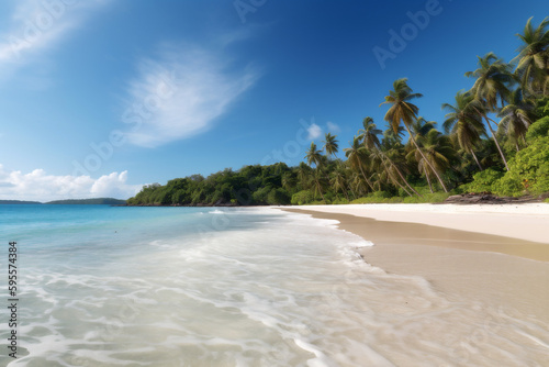 Tropical beach paradise with a coconut palm tree ina white sand with blue sky. Generative AI