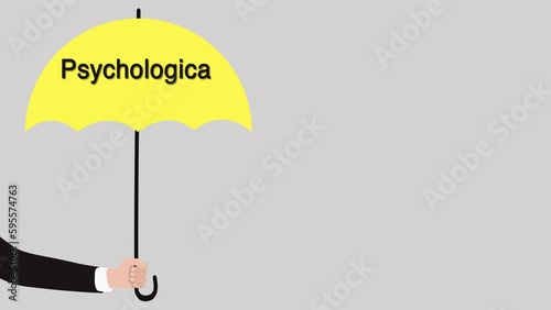 A male hand in a business suit holding a yellow umbrella, the umbrella opens, and text appears - Psychological Safety. A safe space created for people who feel marginalized. Social support.