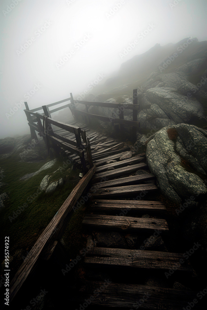 Naklejka premium Dilapidated wooden bridge emerging from the cliff, surrounded by thick fog.