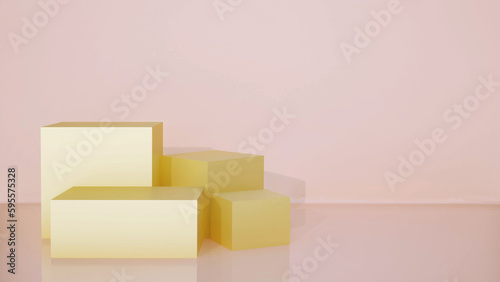 Abstract 3D products display podium showcase for scene with geometric shape. 3d rendering stage to show cosmetic products. Lighting in luxury white and pink gold studio in lighting and shadow.